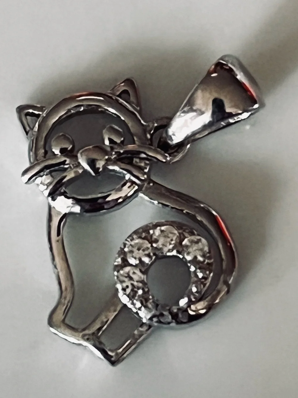 Sterling Silver 925 Cat Pendant with Crystal Tail - Silver